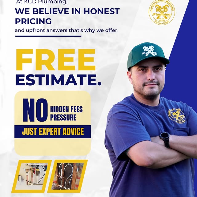 Man in blue shirt and cap with crossed arms, promotional flyer for plumbing services, highlighting free estimate and no hidden fees.
