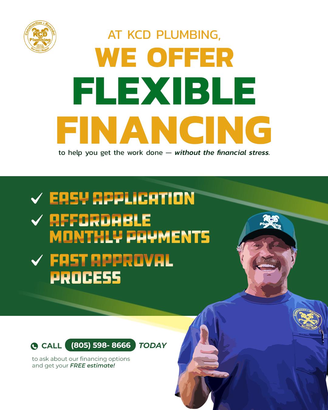 Advertisement for KCD Plumbing offering flexible financing, easy application, affordable payments, and fast approval, with a smiling worker giving a thumbs-up.