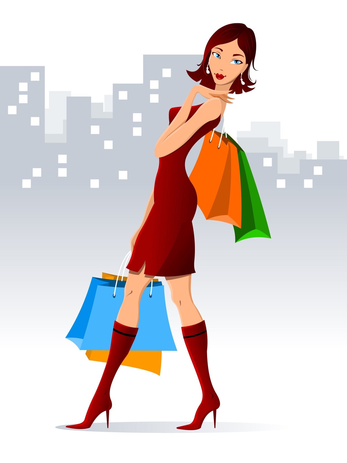 Stylish woman with shopping bags standing against cityscape background, wearing a red dress and high heels.