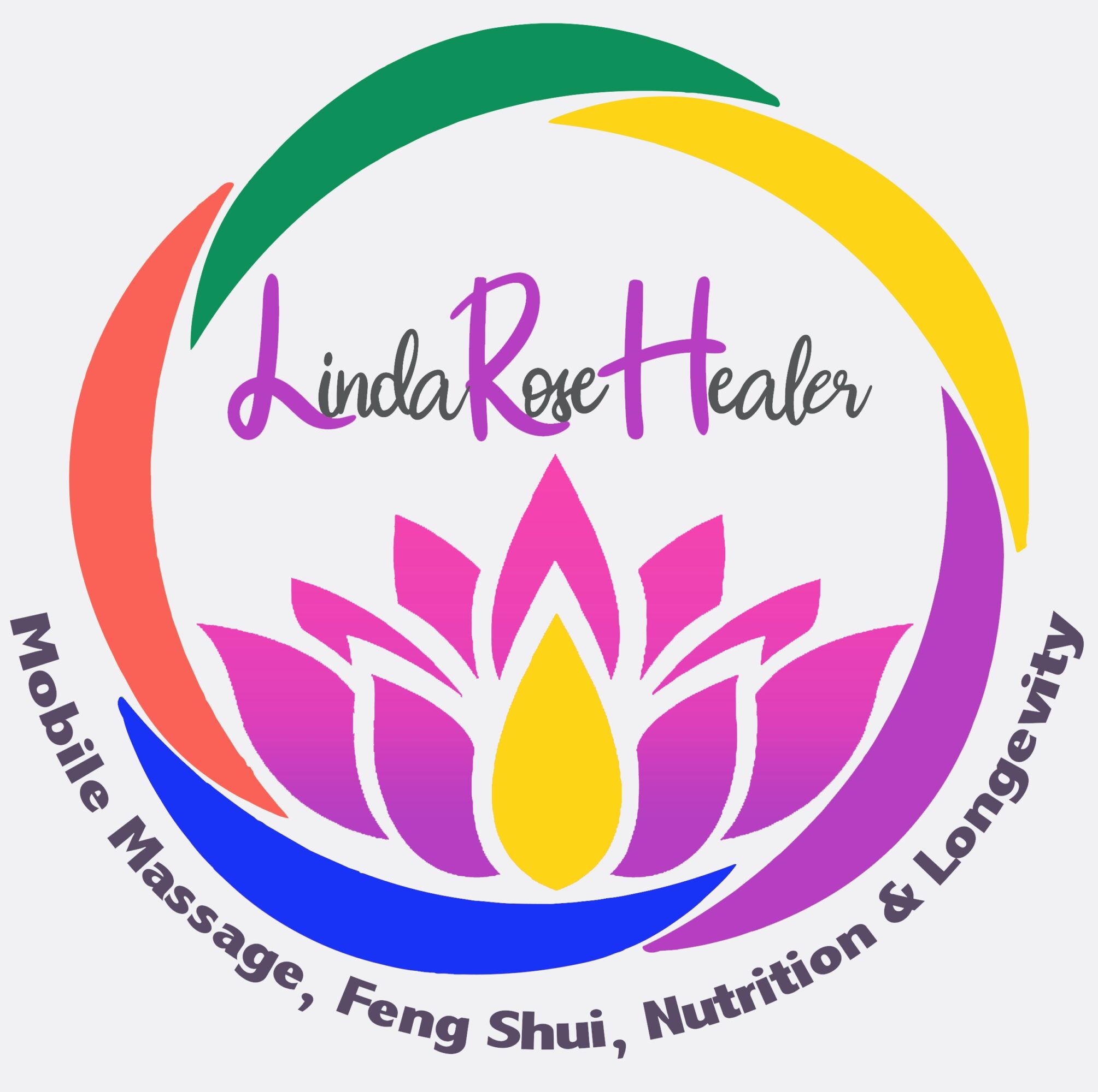 Colorful circular logo with a lotus flower, text, and a tagline about massage, feng shui, nutrition, and longevity.