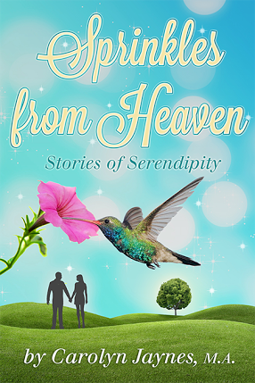 Book cover with a pink flower, hummingbird, and silhouettes of a couple holding hands on a grassy hill, sky background.