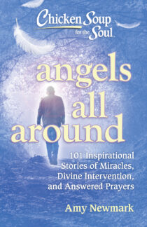 Book cover titled 'Chicken Soup for the Soul: Angels All Around' with a person walking on water and angel wings in the background.