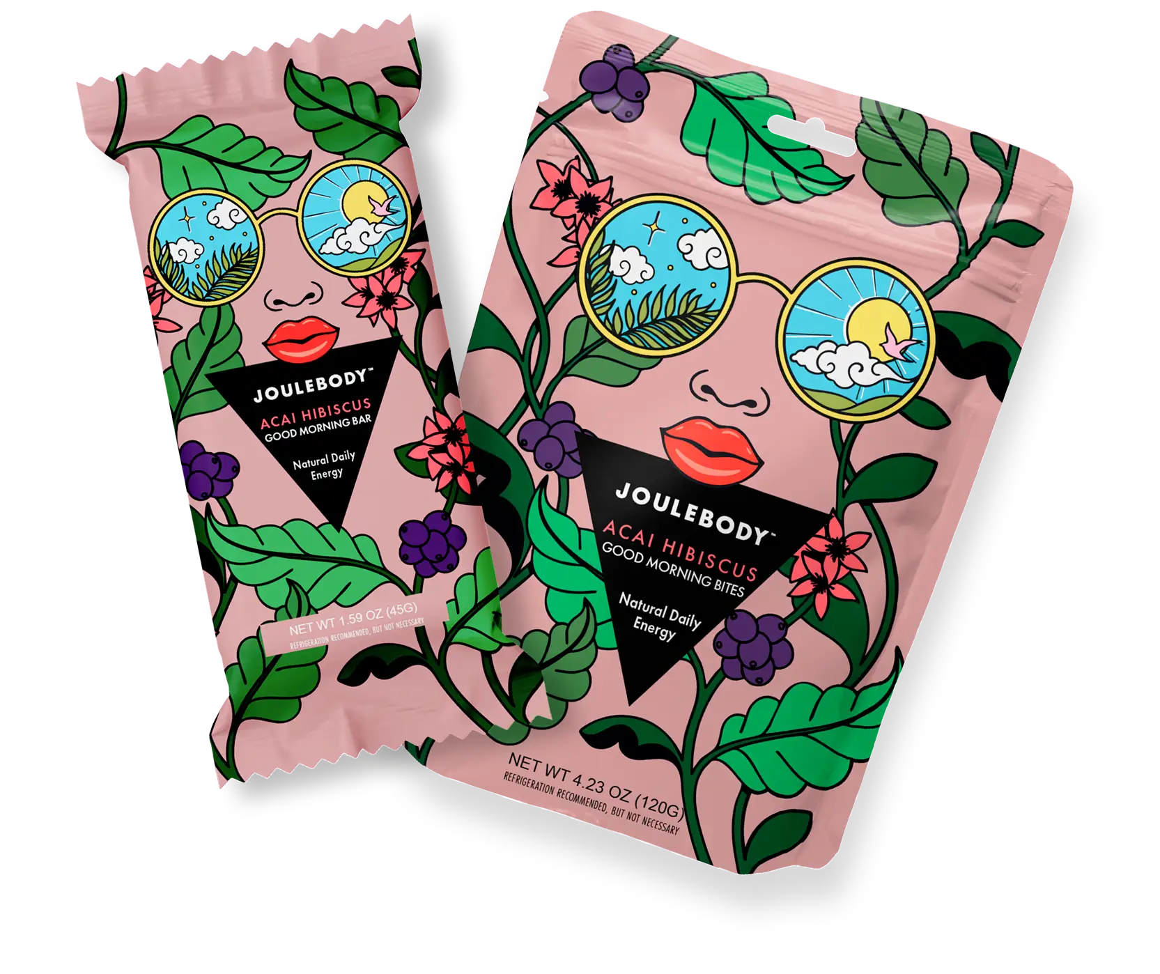 Two colorful face masks with floral and nature designs, including sunglasses, lips, and scenic illustrations, on a black background.