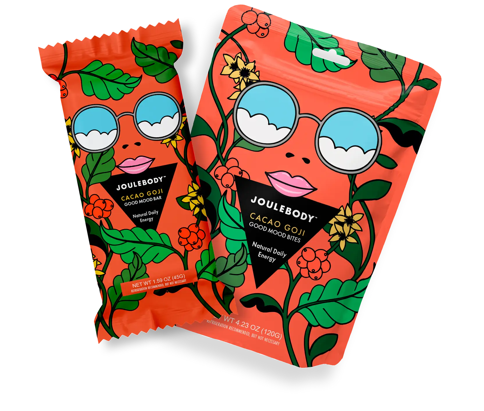 Two colorful snack packages with illustrated faces, glasses, and floral designs, set against a black background.