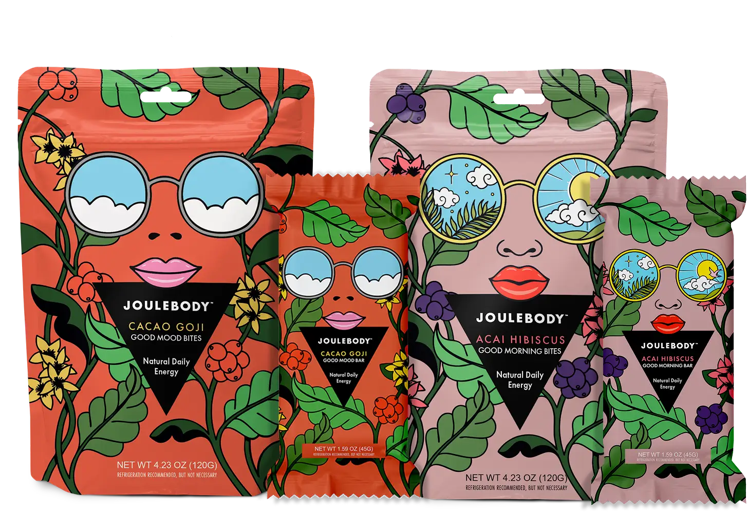 Four colorful chocolate bar wrappers with floral and nature designs, featuring faces with sunglasses and lips, on a black background.