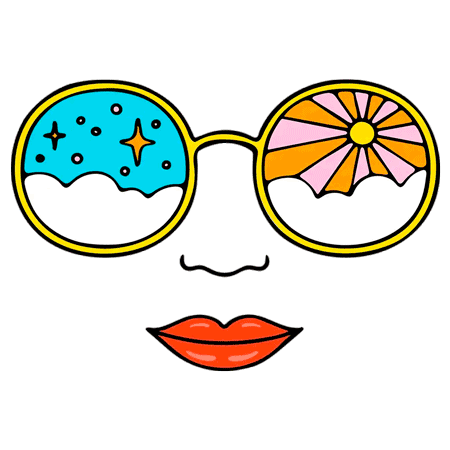 A face with sunglasses reflecting a starry sky and a sunburst, red lips, and a black background.