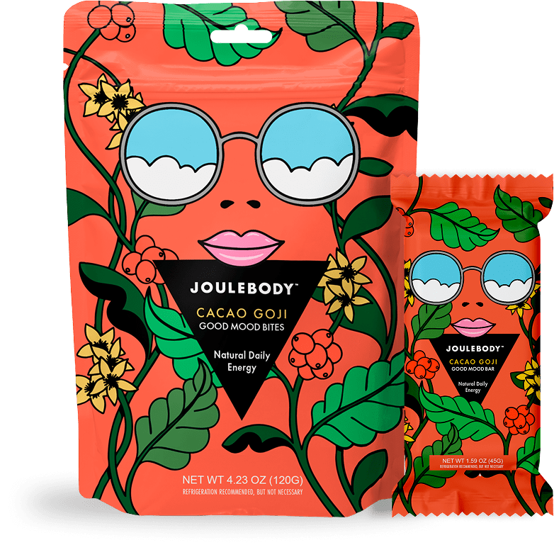 Package with a person wearing sunglasses, surrounded by green leaves and yellow flowers, with a pink background.