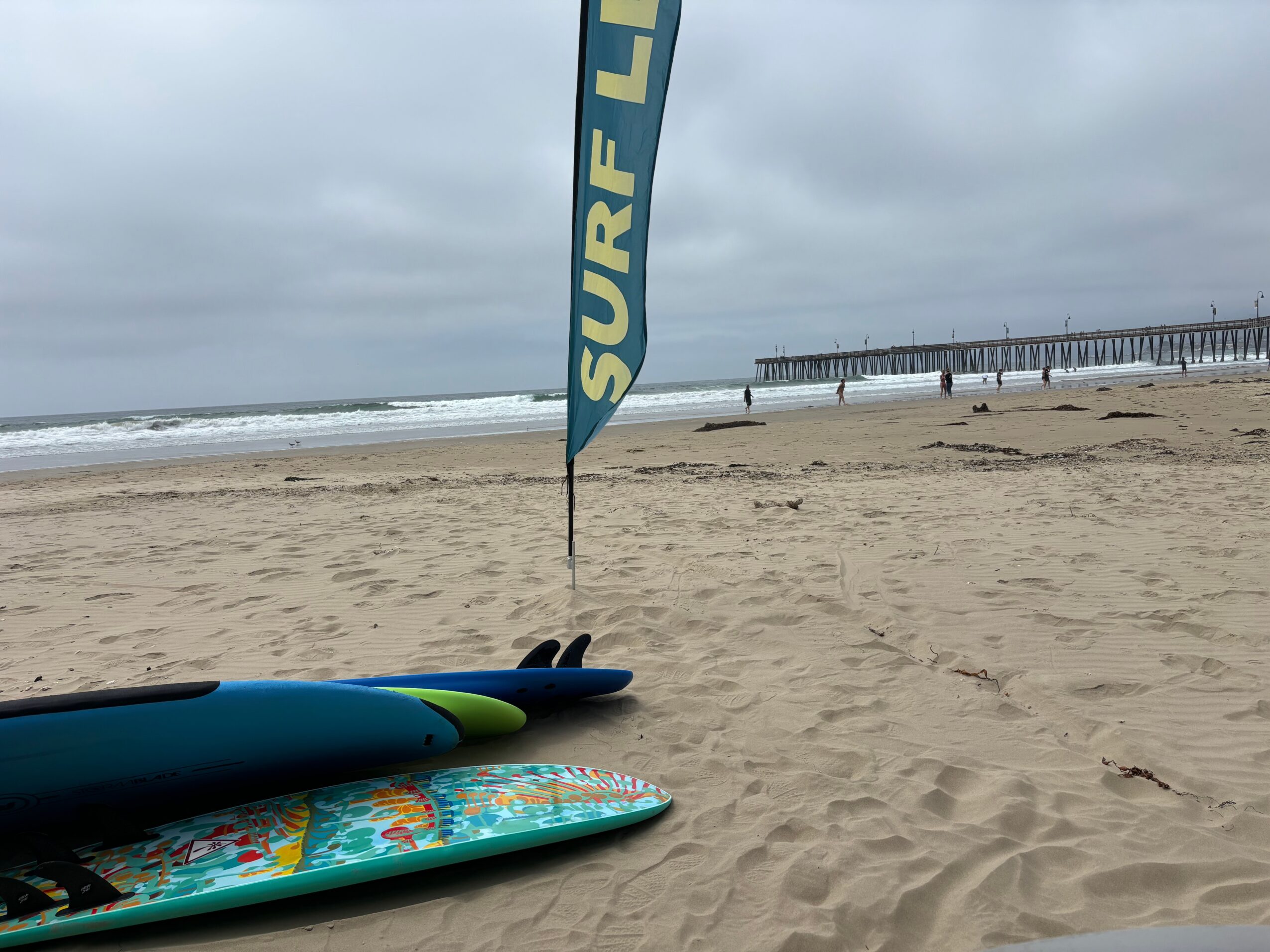 Beach with surfboards on sand, flag, ocean waves, and pier in background, cloudy sky.