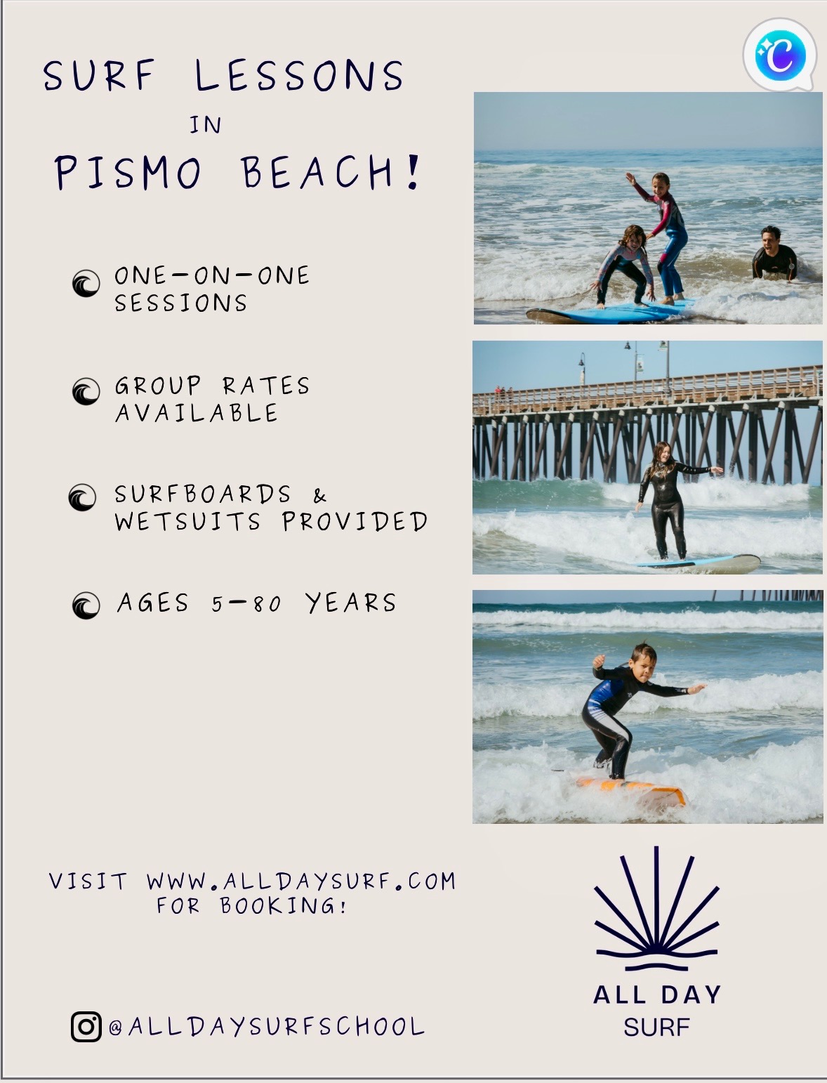 Flyer advertising surf lessons at Pismo Beach with images of people surfing and a pier, text details, website, and social media handle.