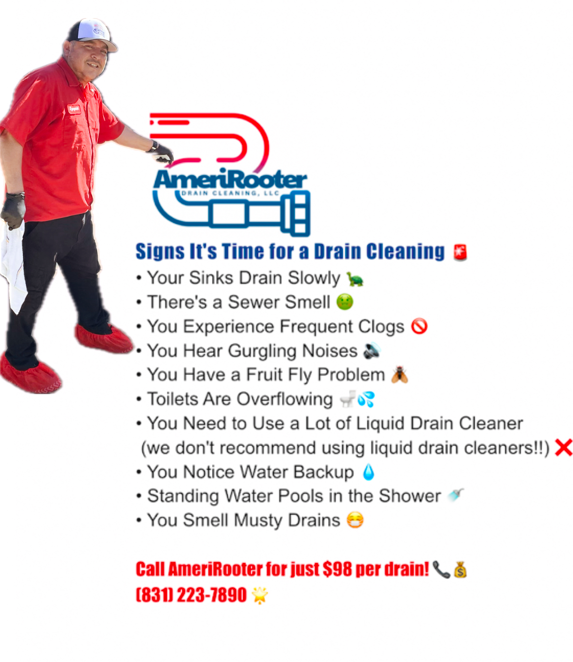 Man in red shirt and cap holding a drain cleaning tool, with a list of drain issues and a promotional message.