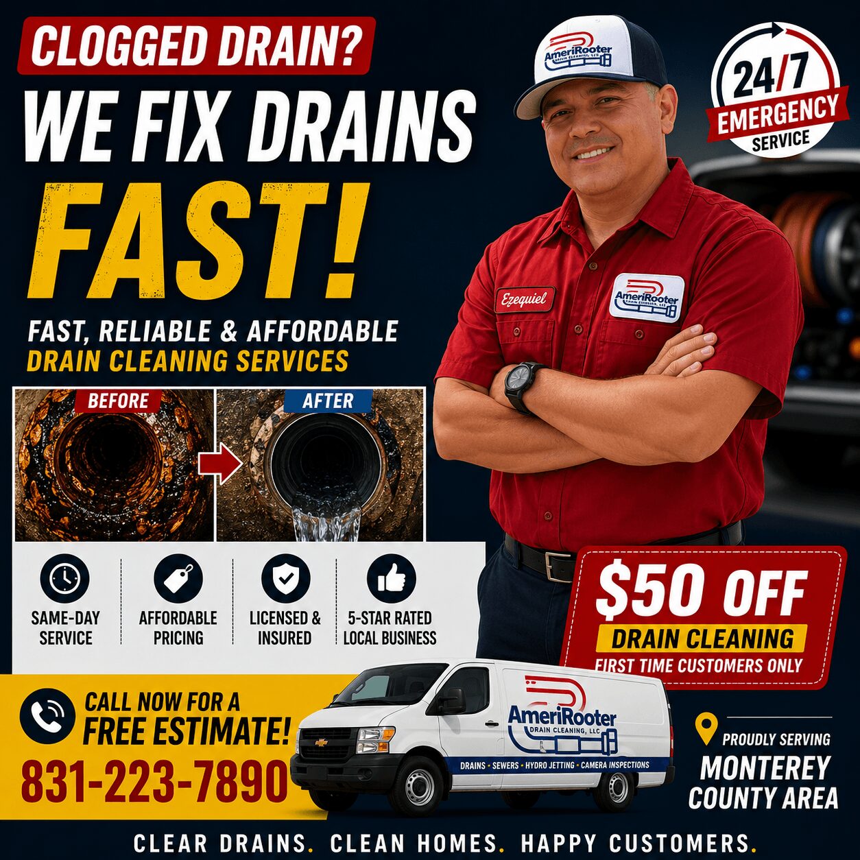 Man in red shirt and cap smiling with crossed arms, advertisement for drain cleaning services, before and after drain images, $50 off offer.