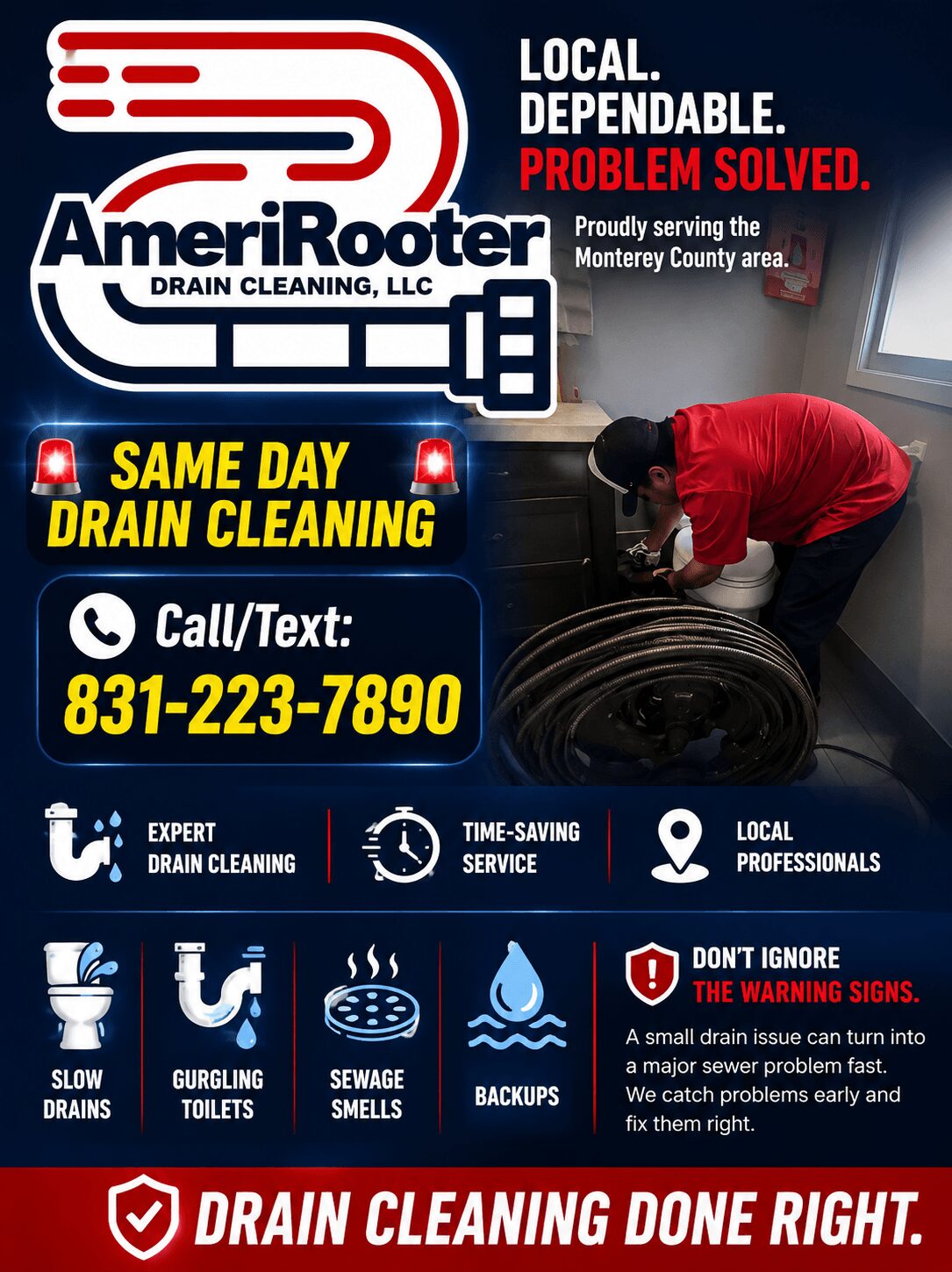 Person in red shirt cleaning a drain with a tool, advertisement for AmeriRooter drain cleaning services, contact number, and safety warning.