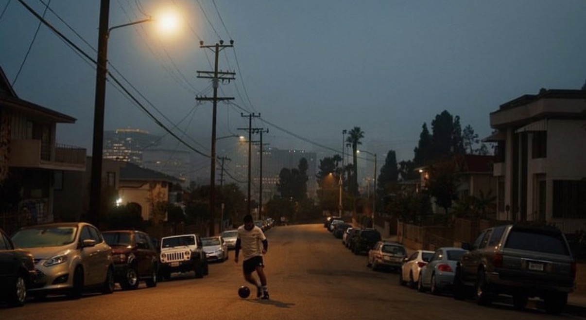 Street scene with parked cars, buildings, and a person skateboarding during dusk or dawn.