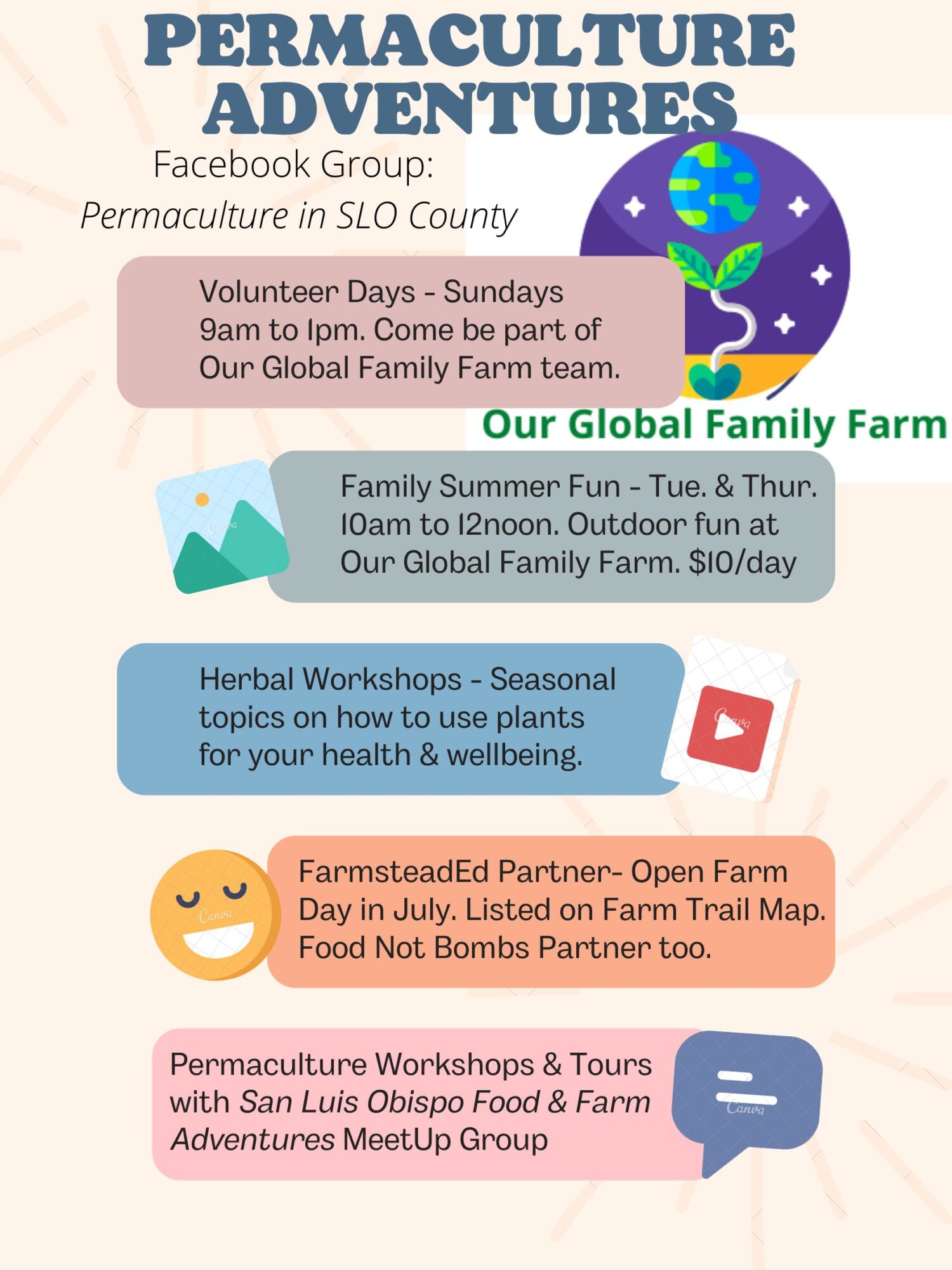 Text about permaculture adventures, events, and workshops with icons of a globe, plant, and YouTube logo.