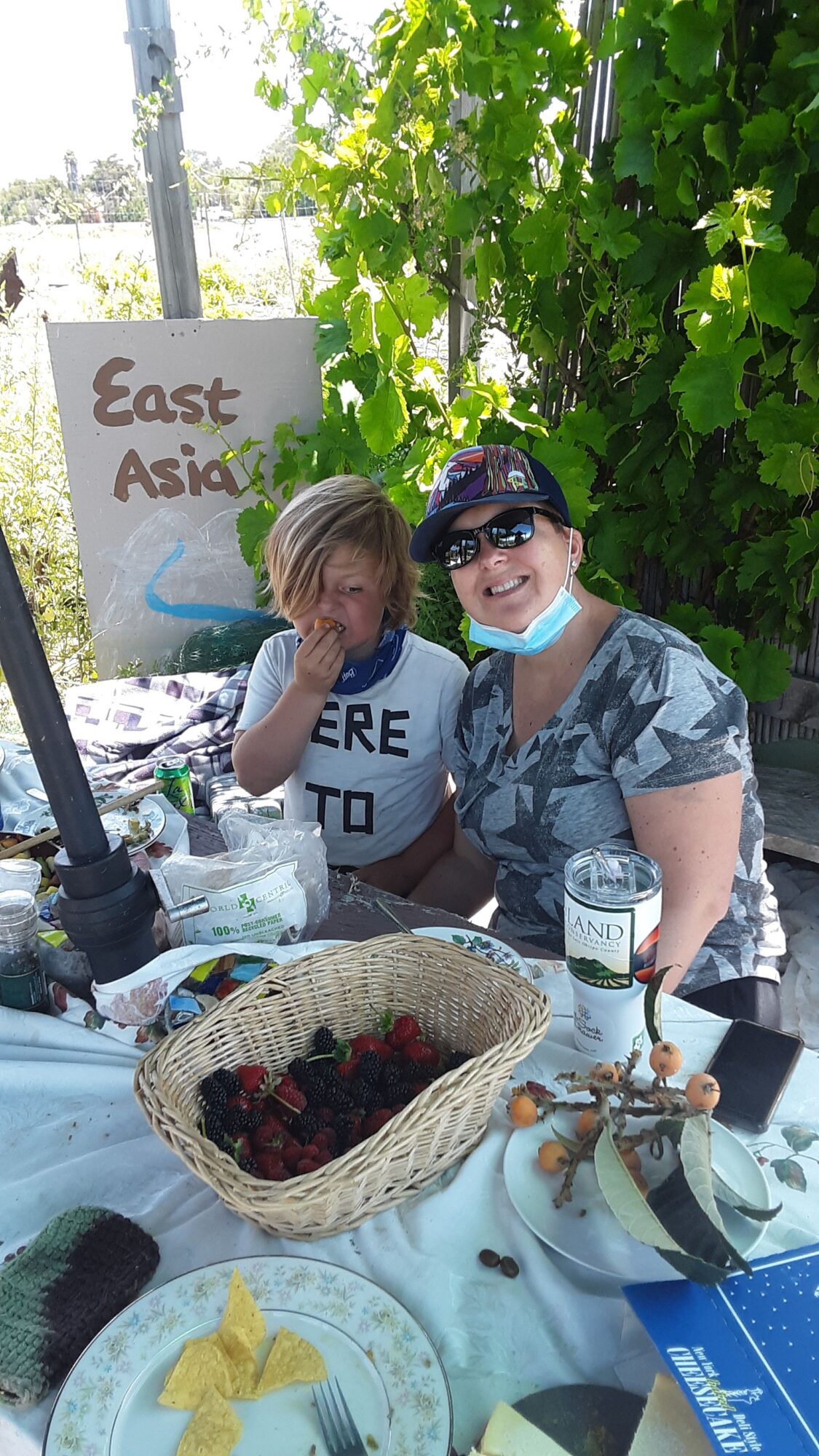 Two children sitting at a table outdoors with a basket of cherries, a sign reading 'East Asia,' and greenery in the background.