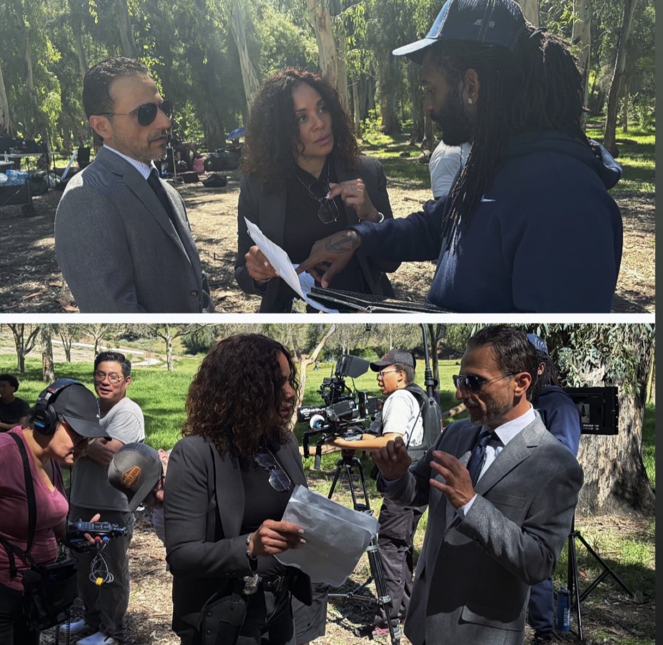 Two groups of people engaged in conversation outdoors, some holding papers and equipment, in a park setting.