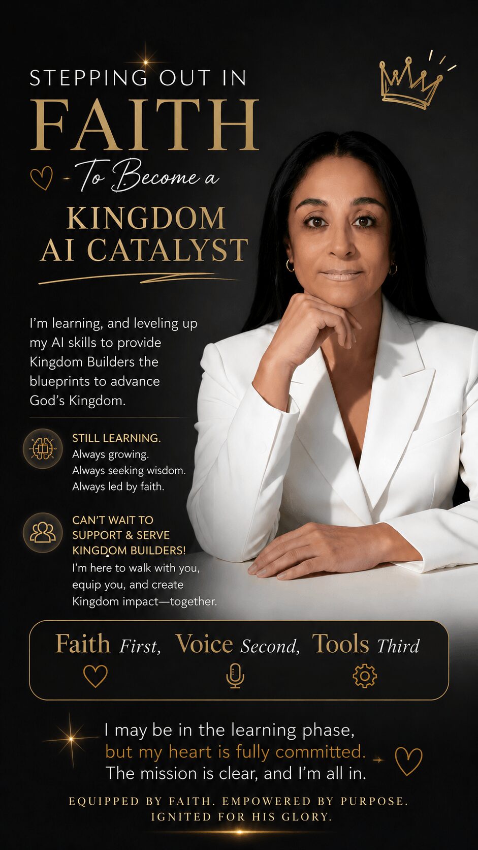 Woman with dark hair and a white blazer, resting her chin on her hand, in front of a dark background with text about faith and kingdom.