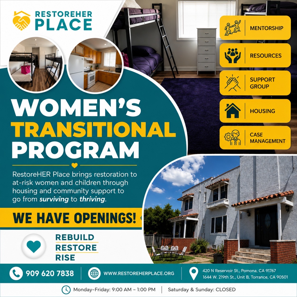 Flyer for RestorEHER Place Women's Transitional Program with images of a bedroom and house, and icons for mentorship, resources, support, housing, and case management.
