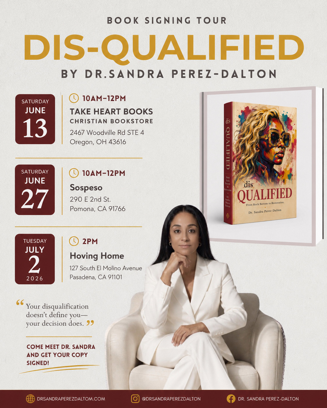 Book signing tour poster for Dis-Qualified by Dr. Sandra Perez-Dalton, featuring event dates, locations, and a woman sitting on a chair.