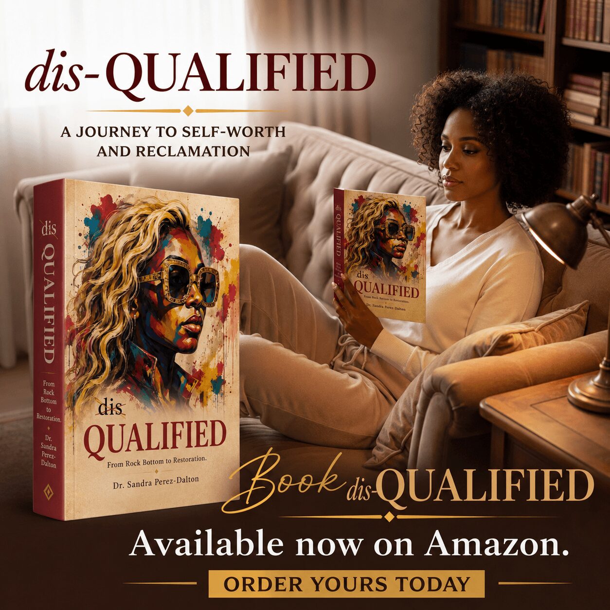 Woman sitting on sofa reading a book titled 'dis-QUALIFIED' with a large book cover image beside her. Cozy room setting.