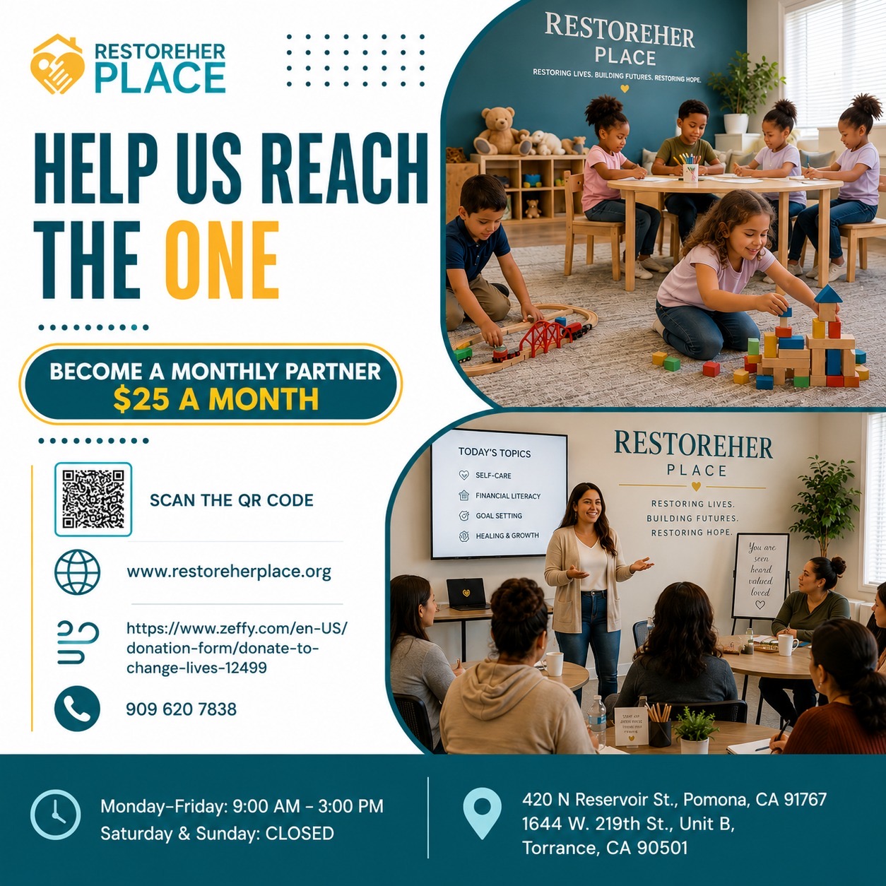 Children and adults in a classroom with a sign reading 'Restoreher Place,' participating in activities and listening to a speaker.
