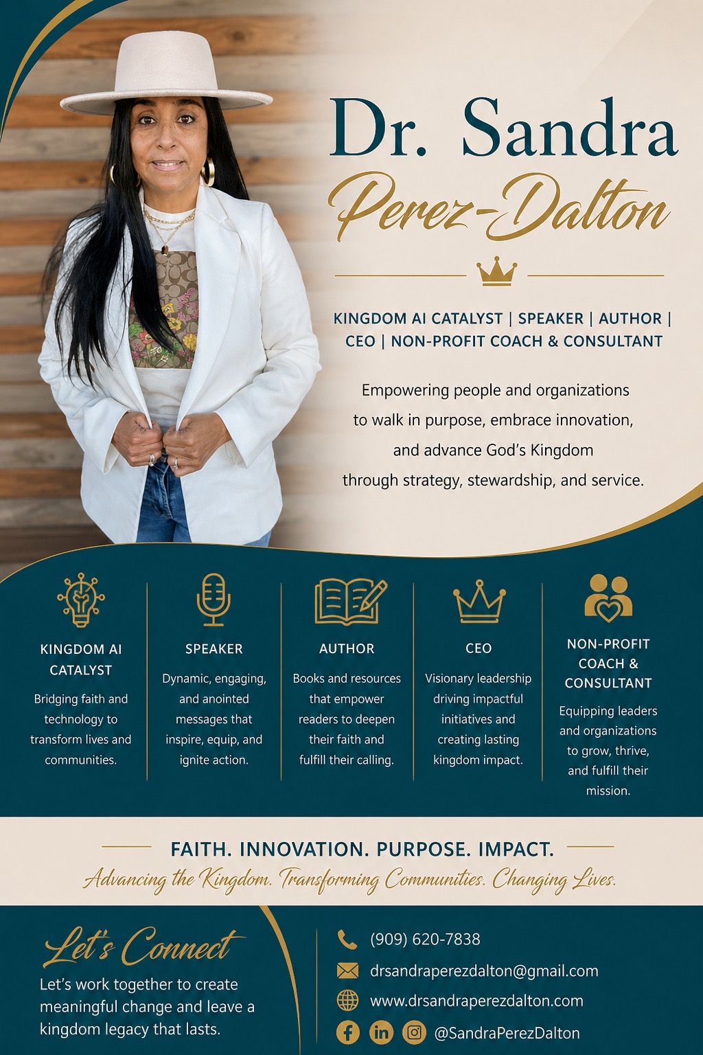 Business card featuring Dr. Sandra Perez-Dalton wearing a white hat and blazer, with text about her roles and mission.