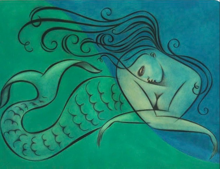 A mermaid with flowing hair, resting her head on her arm, depicted in a stylized, abstract art style.