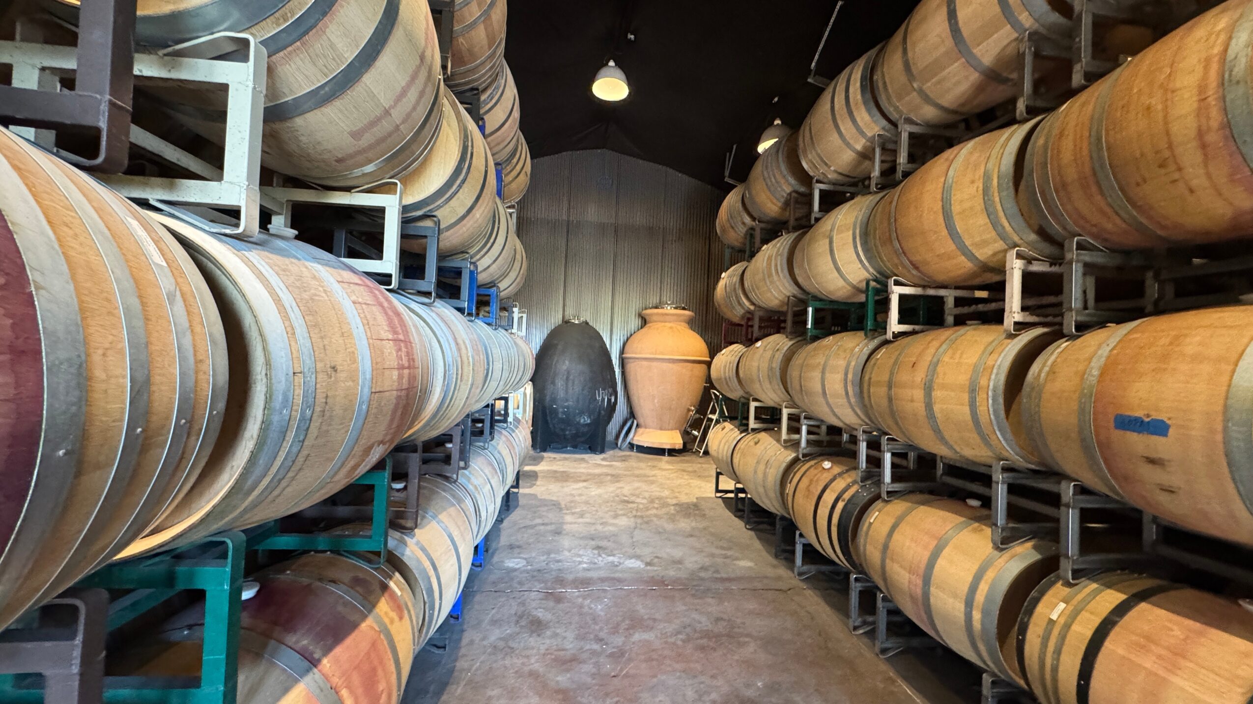Rows of large, colorful barrels stored on metal racks in a cellar or storage room, with a large jar at the end.