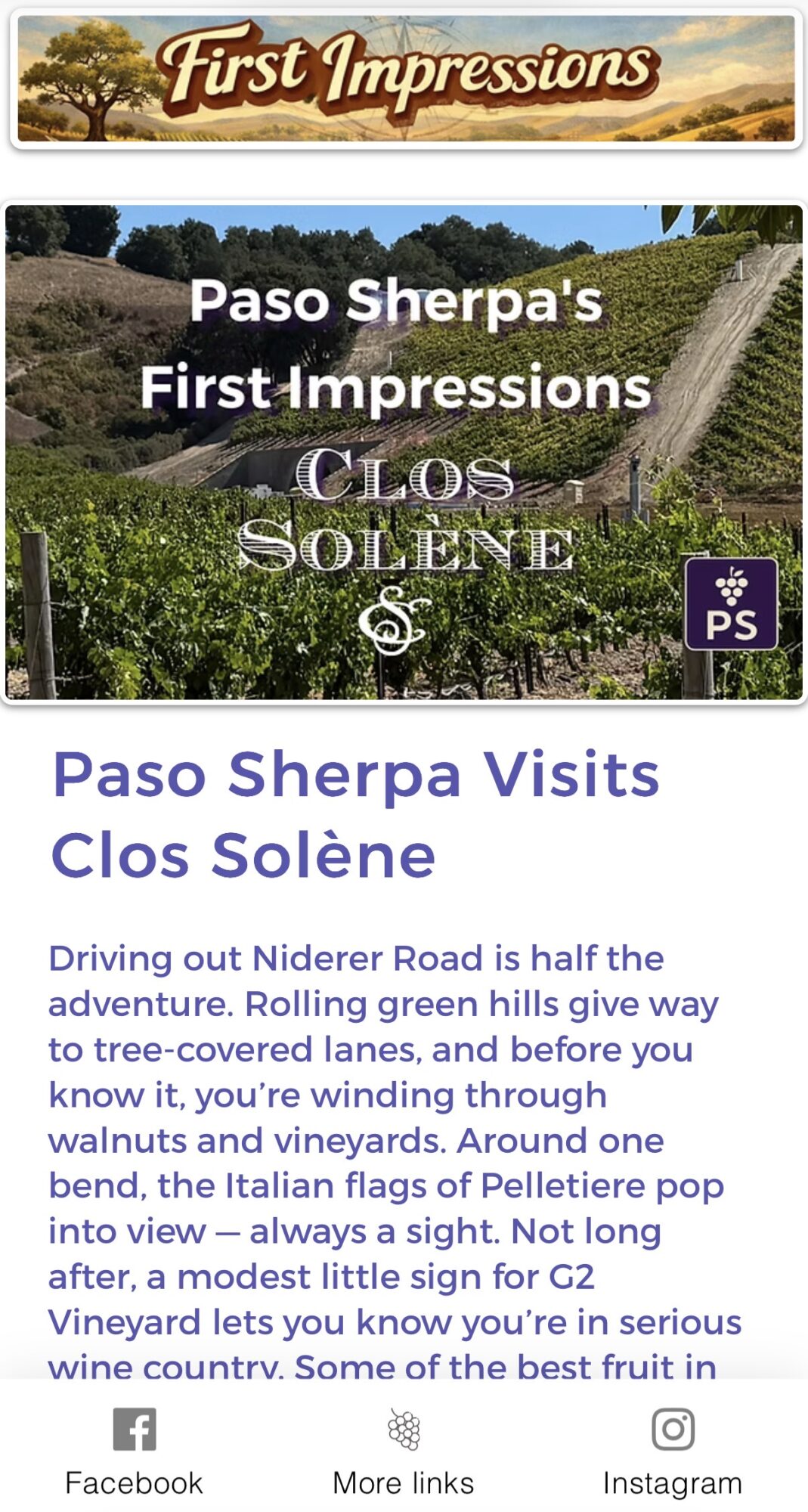 A vineyard with a sign reading 'CLOS SOLÈNE' and a road in the background, with text about Paso Sherpa's visit.