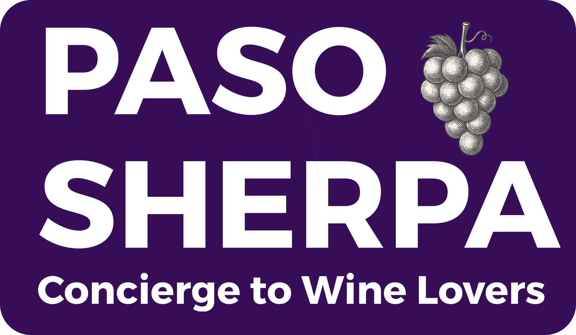 Purple background with white text reading 'PASO SHERPA' and a cluster of grapes, with smaller text 'Concierge to Wine Lovers'.