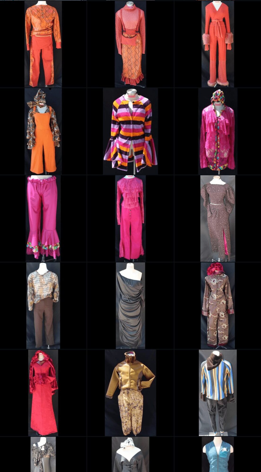Collection of colorful dresses and outfits displayed on mannequins, with various patterns and styles, against a black background.