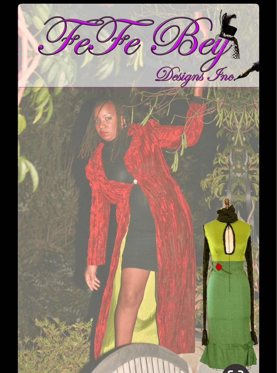 Woman in a red coat and black dress standing outdoors with trees in background, promotional banner at top.