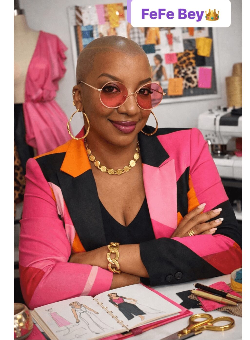 Woman with a shaved head wearing pink sunglasses, gold jewelry, and a colorful blazer, sitting at a desk with fashion sketches.