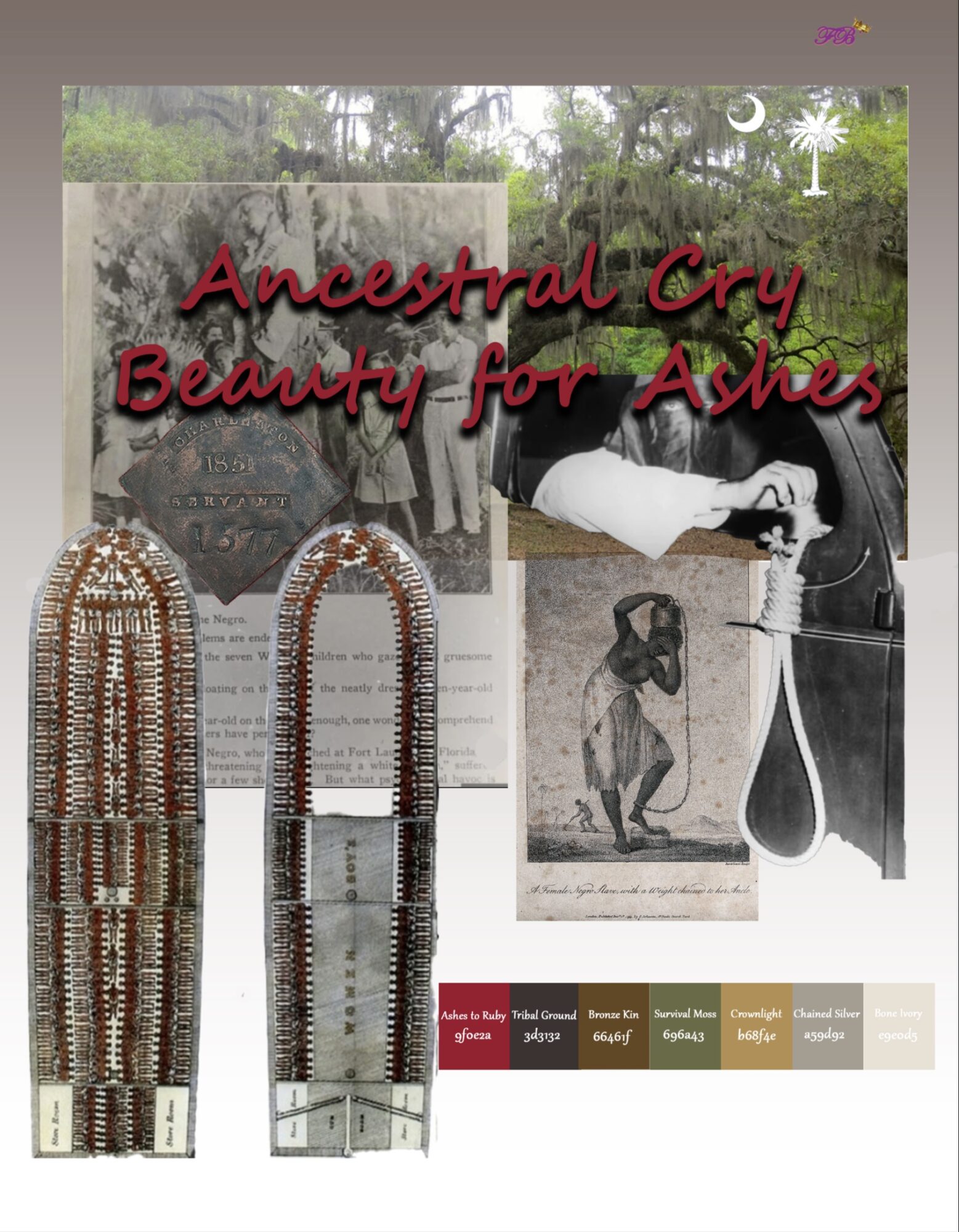 Collage of black and white photos, jewelry, and text reading 'Ancestral Cry Beauty for Ashes'.