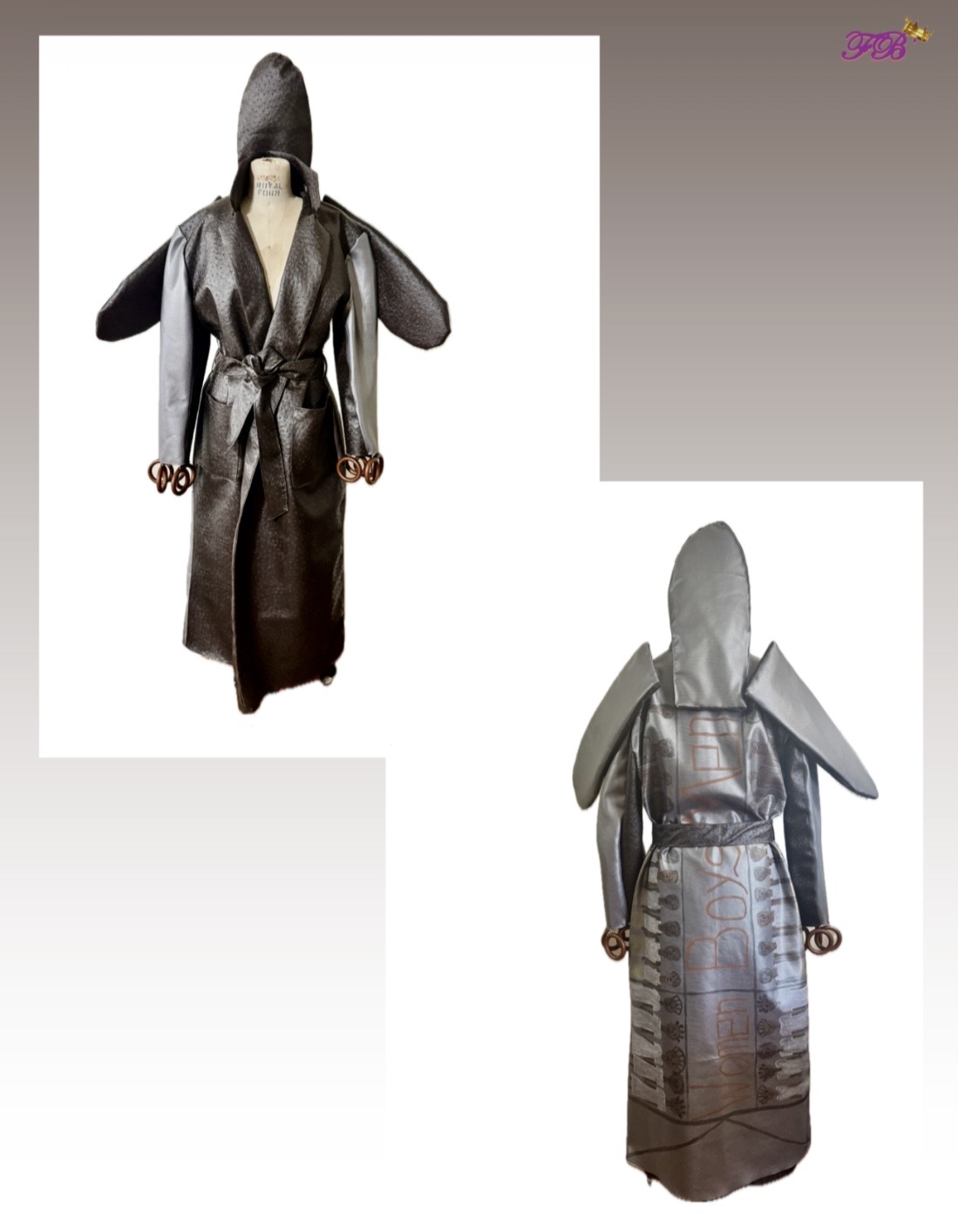 Two mannequins display traditional Japanese kimonos with wide sleeves and obi belts, one in dark fabric and the other in lighter fabric.