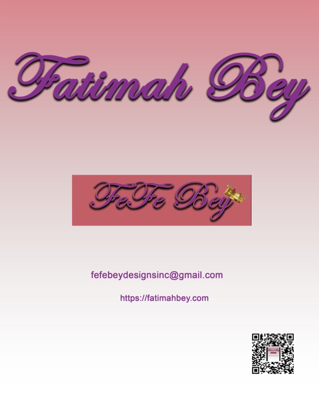 Text reading 'Fatimah Bey' in purple cursive, pink background, email, website, and QR code present.