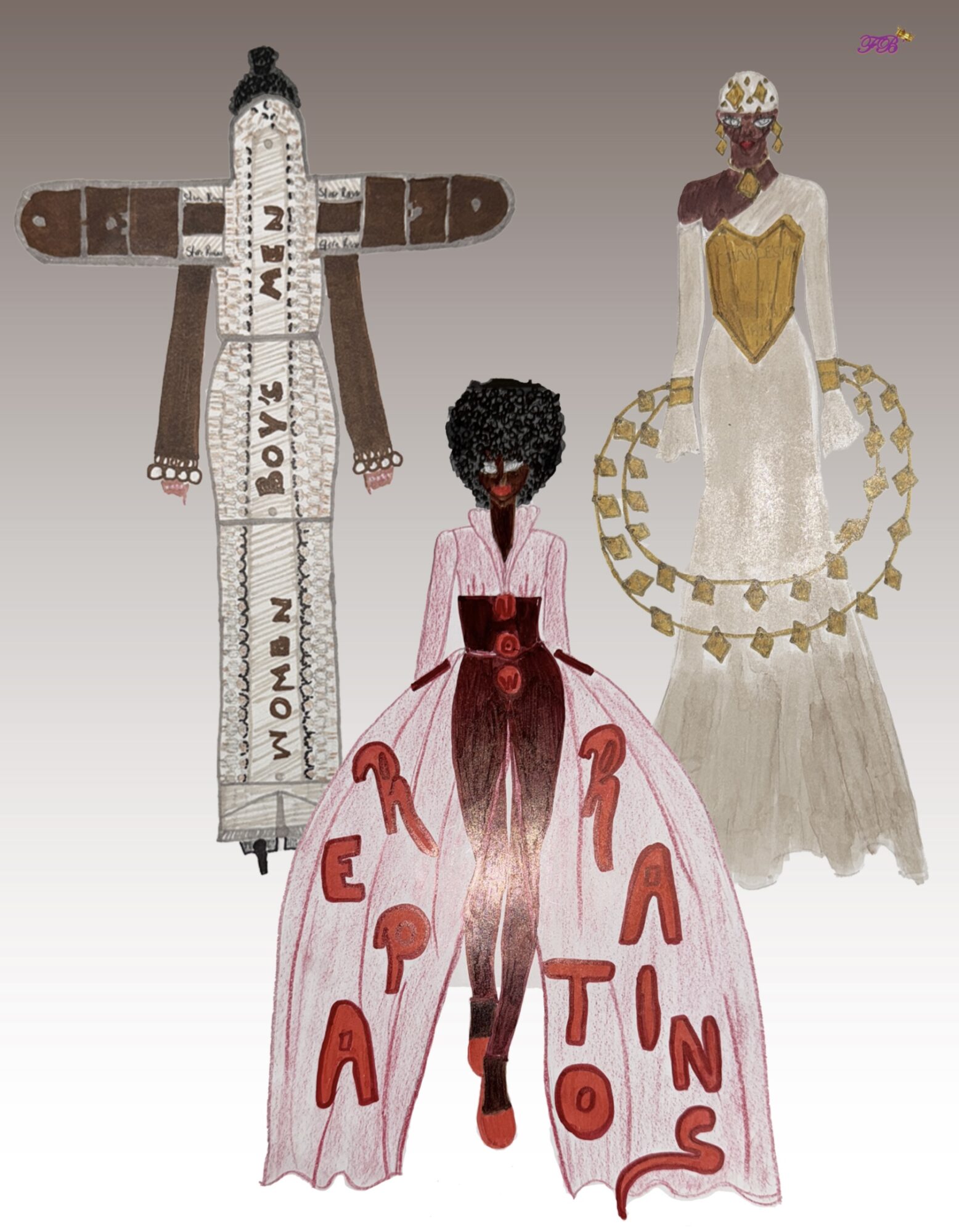 Three fashion illustrations: a tall figure with outstretched arms, a woman in a pink dress with a cape, and a woman in a white gown with a crown.