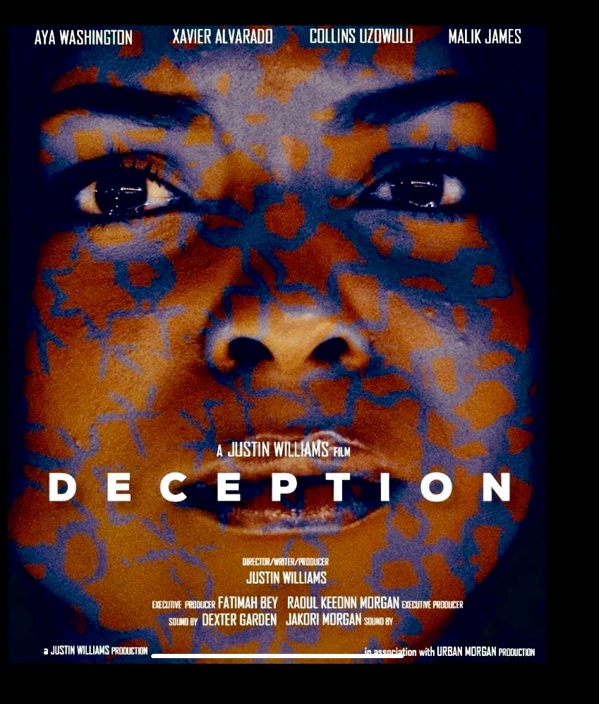 Close-up of a person's face with overlay of blue and orange patterns, movie title 'Deception' below, and actor names at top.