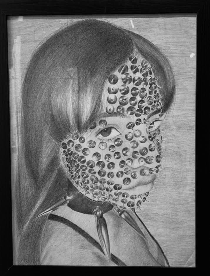 Black and white drawing of a woman with long hair, face partially covered with circular patterns, looking to the side.