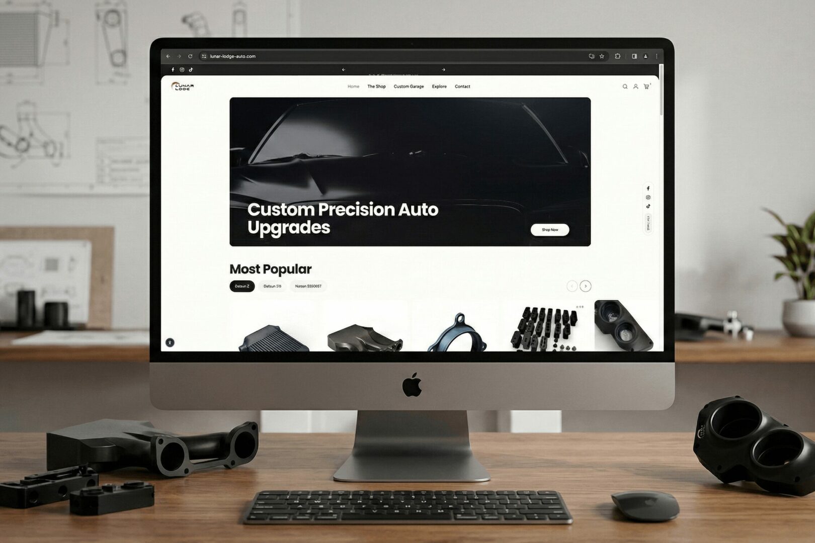 Computer monitor displaying a website with automotive upgrades, surrounded by camera lenses and accessories on a desk.