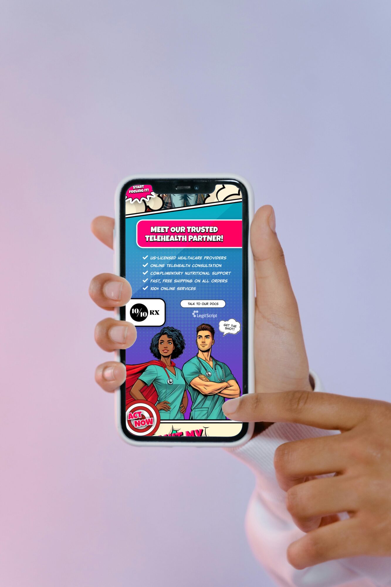Person holding a smartphone displaying a website with cartoon characters and text, against a light purple background.