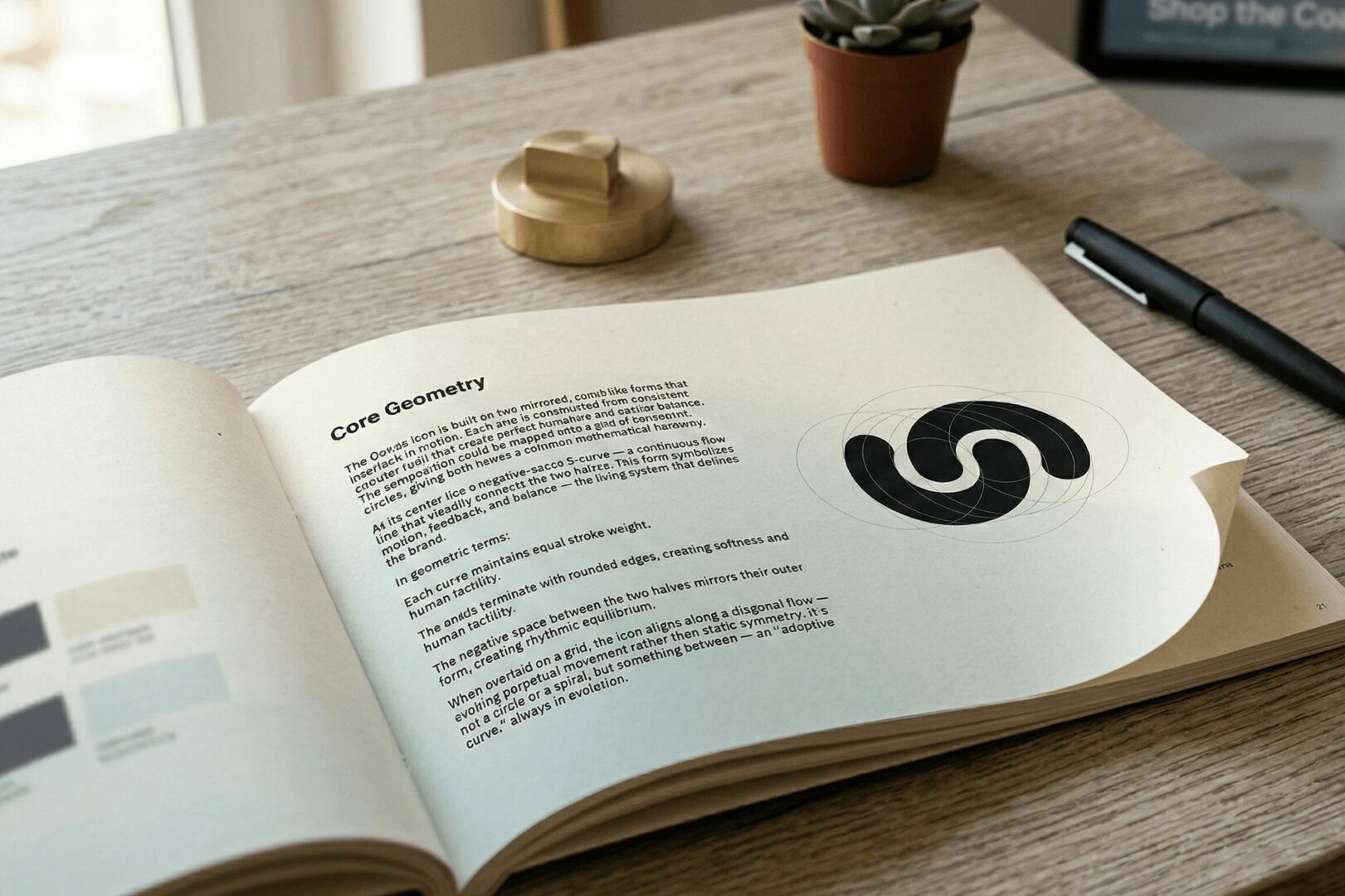 Open book on a wooden table with text and a large black S logo, a pen, a small plant, and a decorative object nearby.