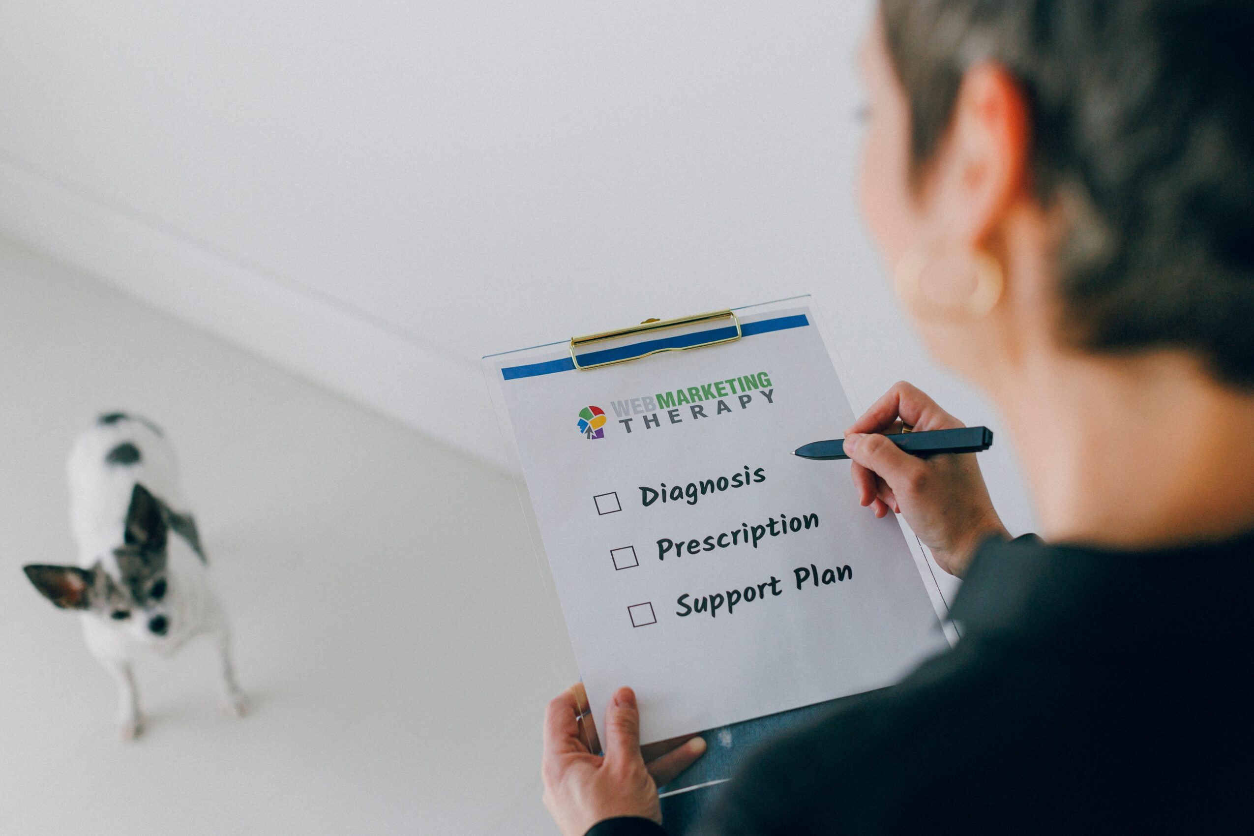 Person holding a checklist with diagnosis, prescription, and support plan options, with a dog in the background.