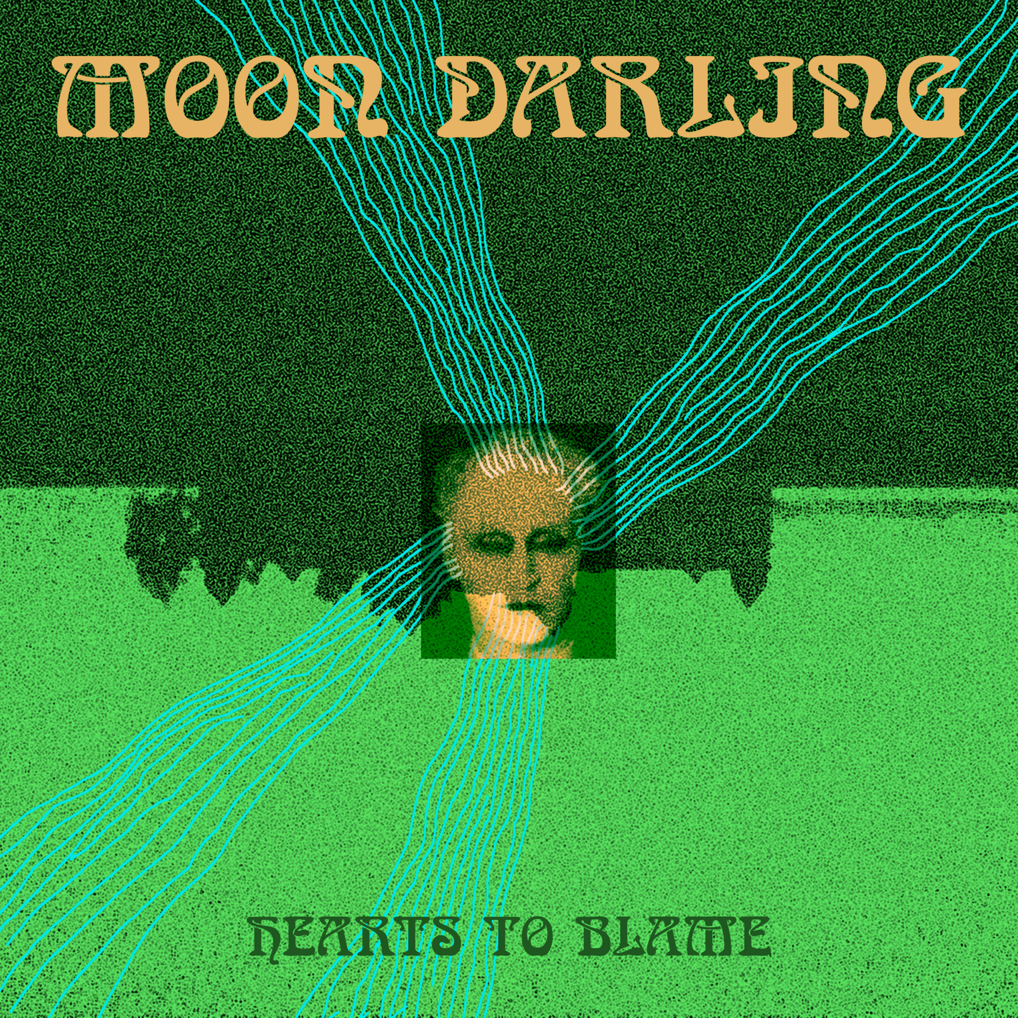 Album cover with a face and blue lines radiating outward, green background, and text 'Moon Darlings' and 'Hearts to Blame'.