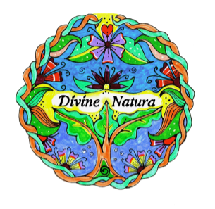 Colorful circular design with flowers, leaves, and a butterfly, featuring the text 'Divine Natura' in the center.