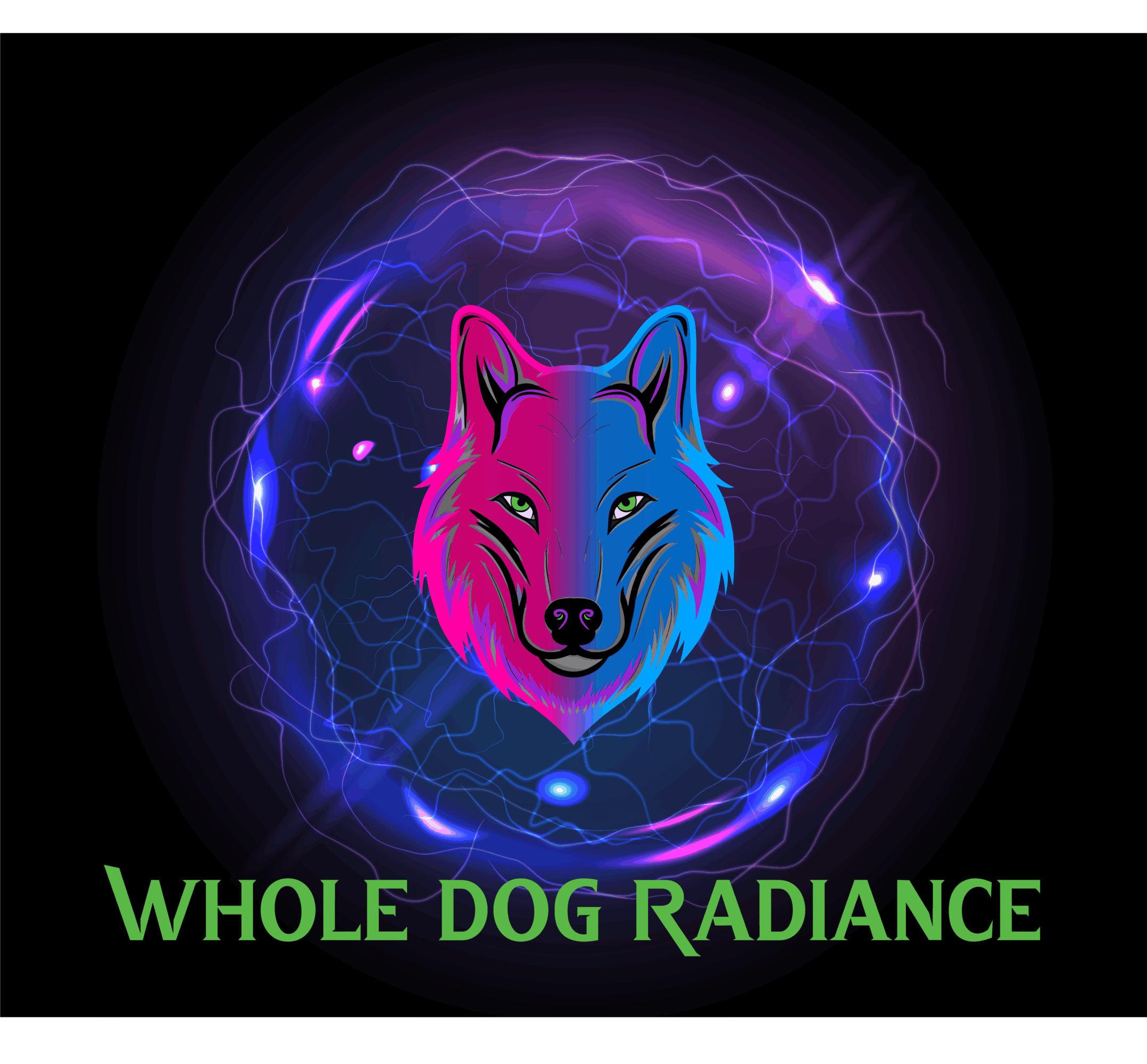 A stylized wolf's face with pink and blue colors surrounded by glowing electric-like lines, with green text below reading 'WHOLE DOG RADIANCE'.