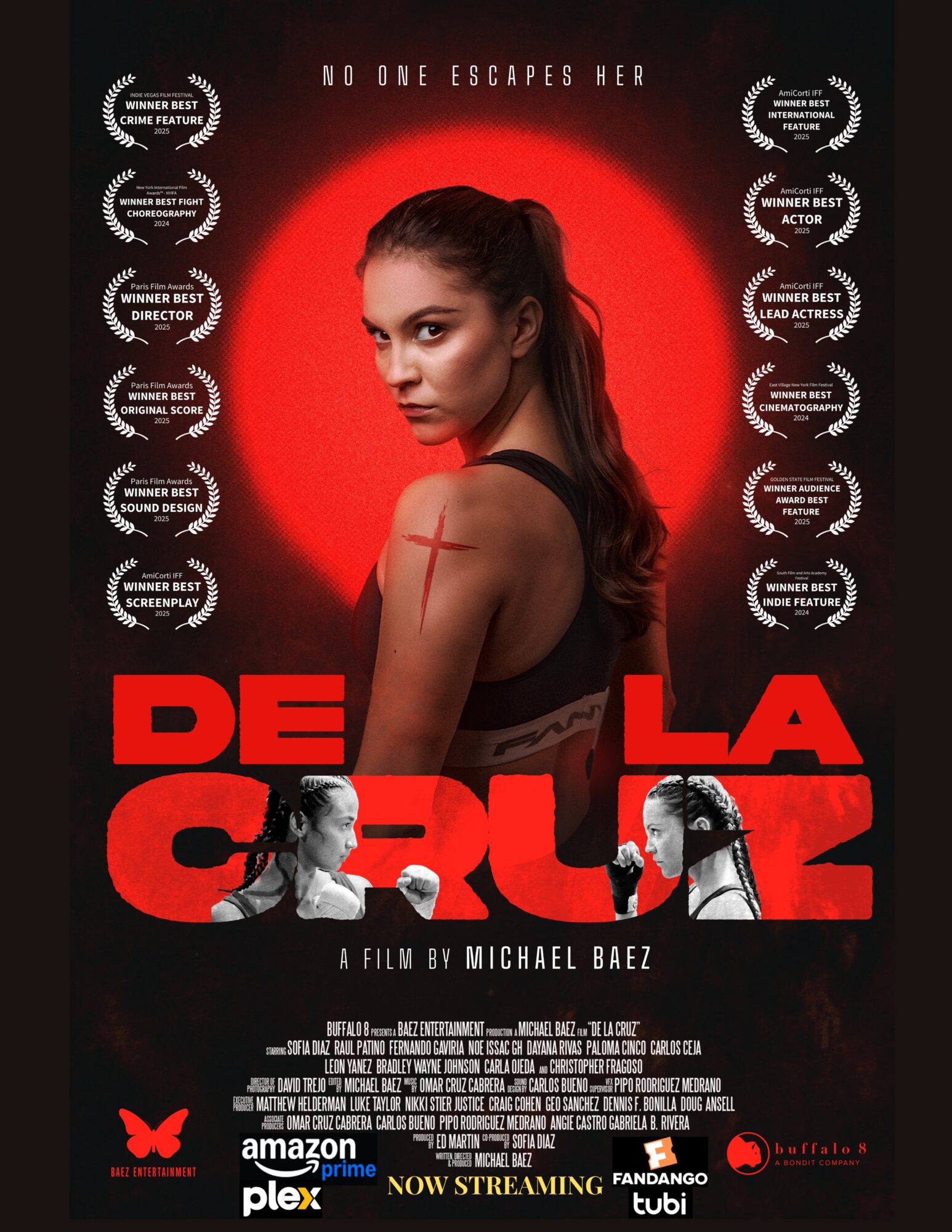 Poster featuring a woman with a red circle behind her, with film awards and streaming info, and bold red text.