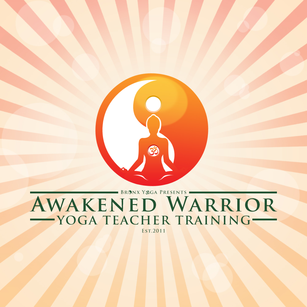 Logo with a person meditating in front of a sun and moon, with text about yoga training and warrior awakening.