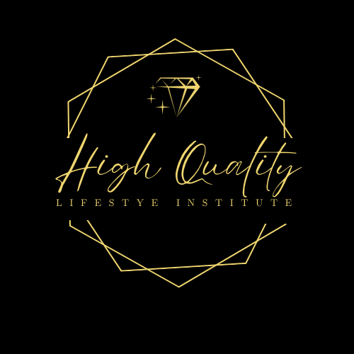 Logo with a diamond, geometric lines, and text reading 'High Quality Lifestyle Institute' in gold on black background.