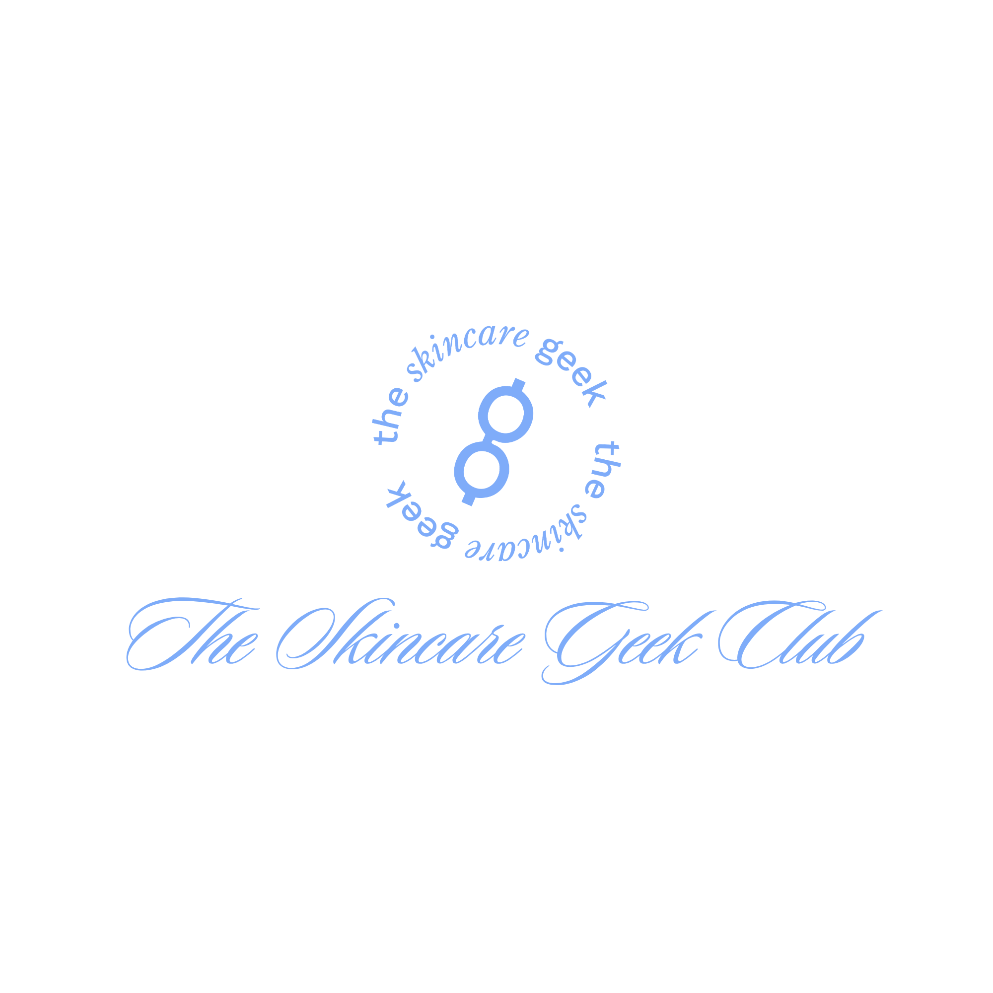 Logo with a stylized blue ampersand and circular text reading 'the skincare geek' on a black background.